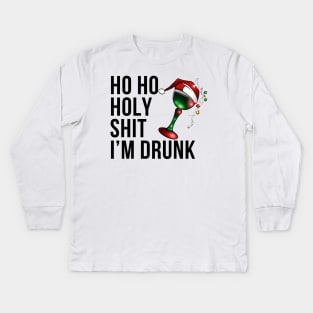 Christmas Humor. Rude, Offensive, Inappropriate Christmas Design. Ho Ho Holy Shit I'm Drunk. Black Writing with Christmas Lights Wine Glass and Santa Hat Kids Long Sleeve T-Shirt